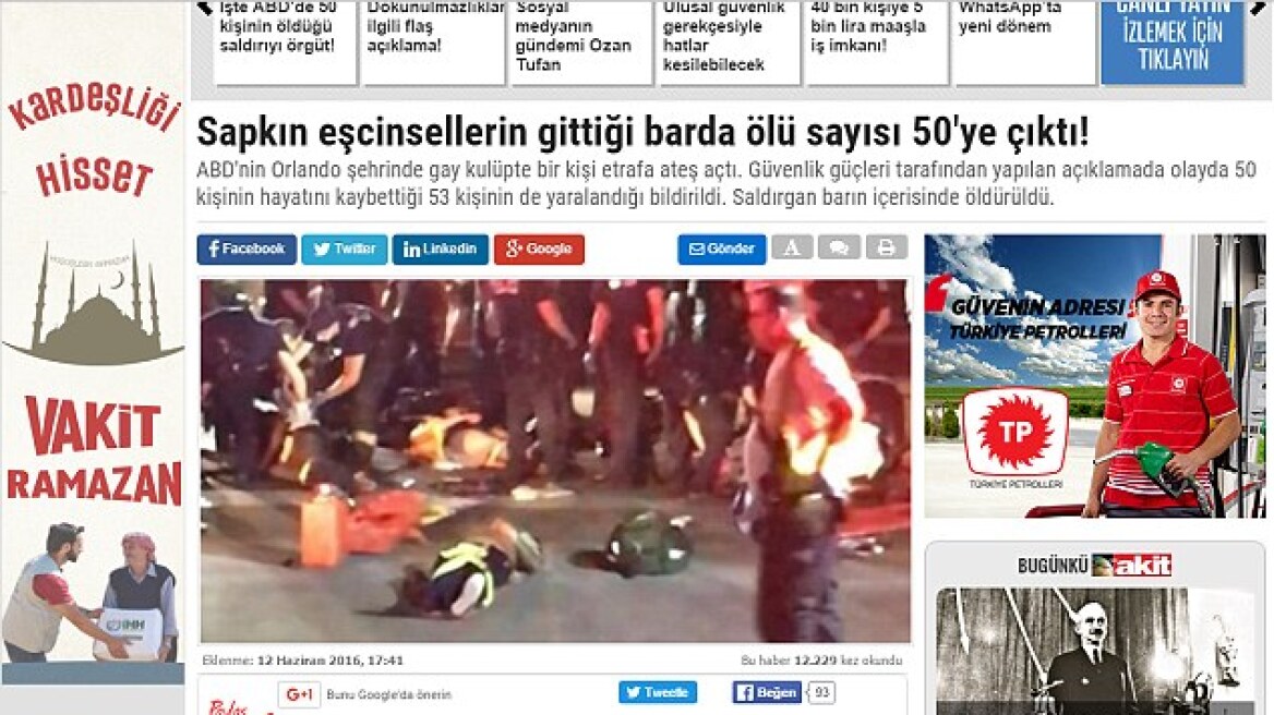 Σάλος με τον τίτλο τουρκικής εφημερίδας για το μακελειό στο Ορλάντο: 50 ανώμαλοι σκοτώθηκαν σε μπαρ